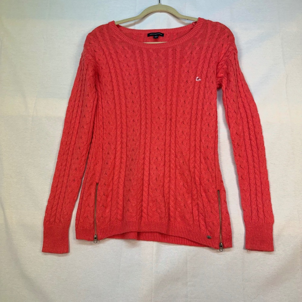 American Eagle Women Coral Pink Cable Knit Side Zip Sweater Medium NWT